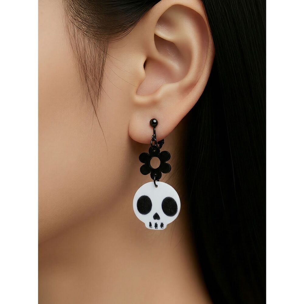 Skull Daisy Earrings Black White Dangle Gothic Halloween Spooky Cute Alt Acrylic